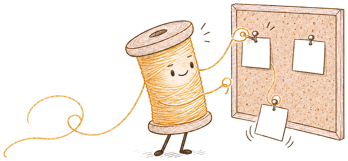 Filo pinning small posts onto a corkboard with its thread